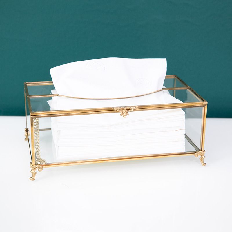 インテリア雑貨 透明硝子と真鍮風装飾の優雅な脚付きティシュケース