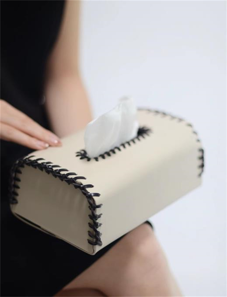 インテリア雑貨 手作り皮革 二色編みステッチ ティシュケース ナチュラル