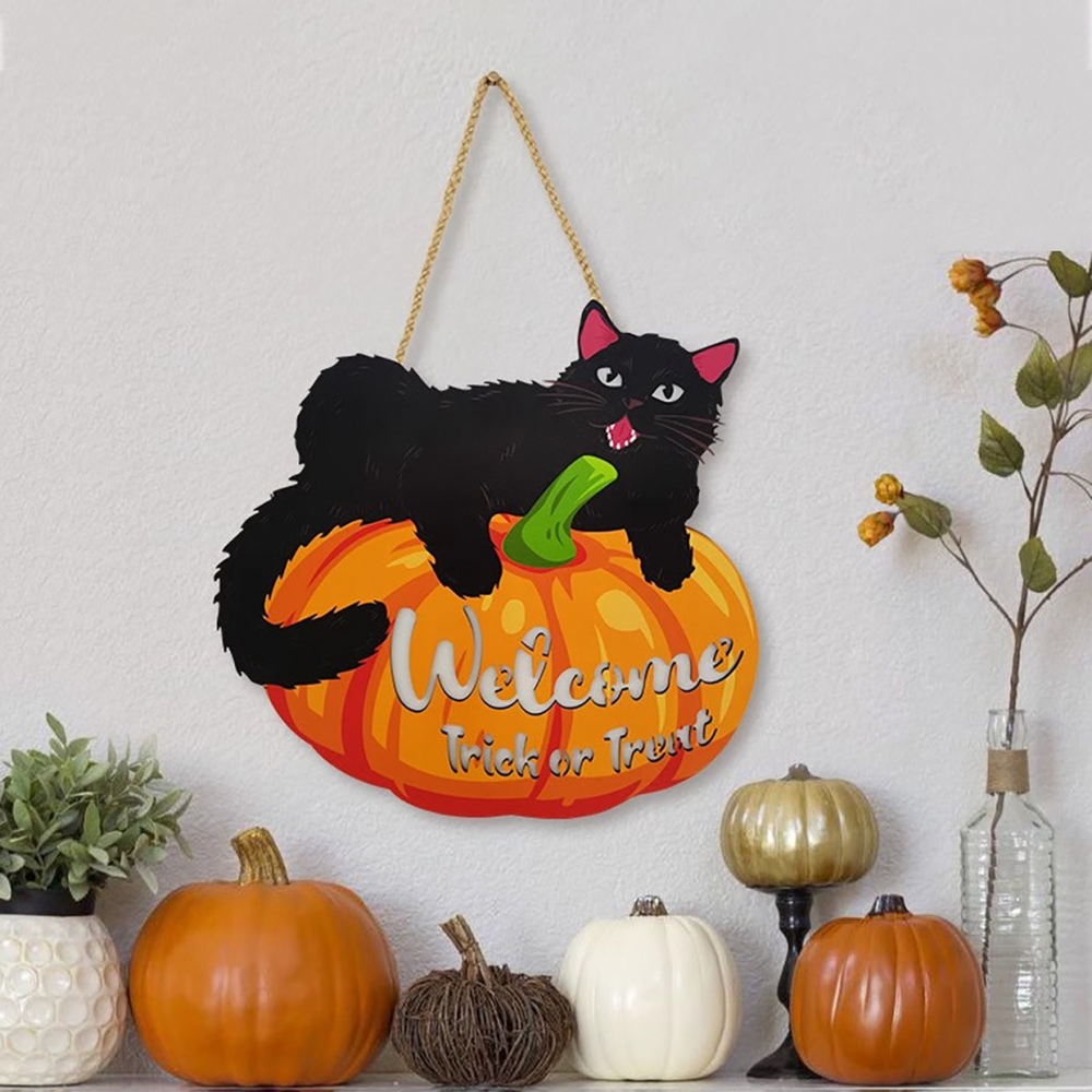 インテリア雑貨 黒猫とハロウィンかぼちゃのウェルカムボード