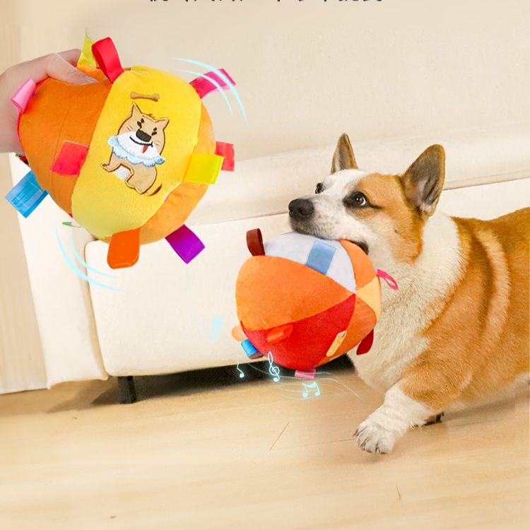 犬のおもちゃ 音が鳴る柔らか丸型タグ付き知育ぬいぐるみ