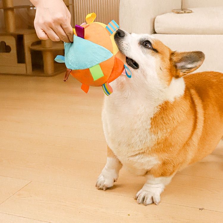 犬のおもちゃ 音が鳴る柔らか丸型タグ付き知育ぬいぐるみ