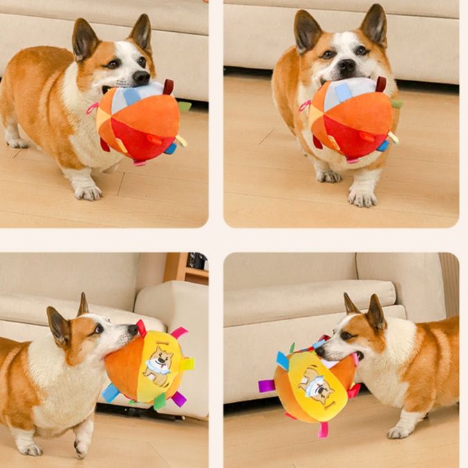 犬のおもちゃ 音が鳴る柔らか丸型タグ付き知育ぬいぐるみ