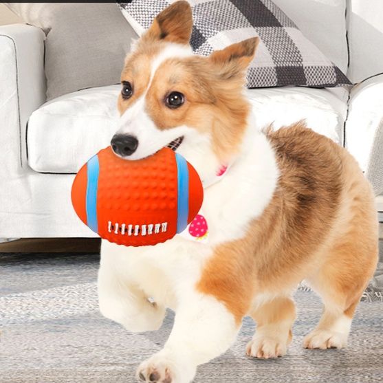 犬のおもちゃ 楕円形歯磨き効果付きラグビーボール型噛み玩具