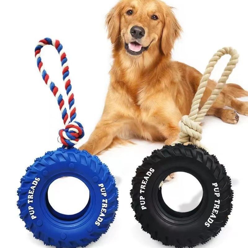 犬のおもちゃ タイヤ型ロープ付き歯磨き噛むおもちゃ