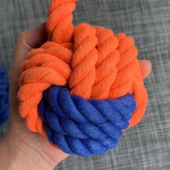 犬のおもちゃ 編み込み結び玉付き持ち手ロープ玩具