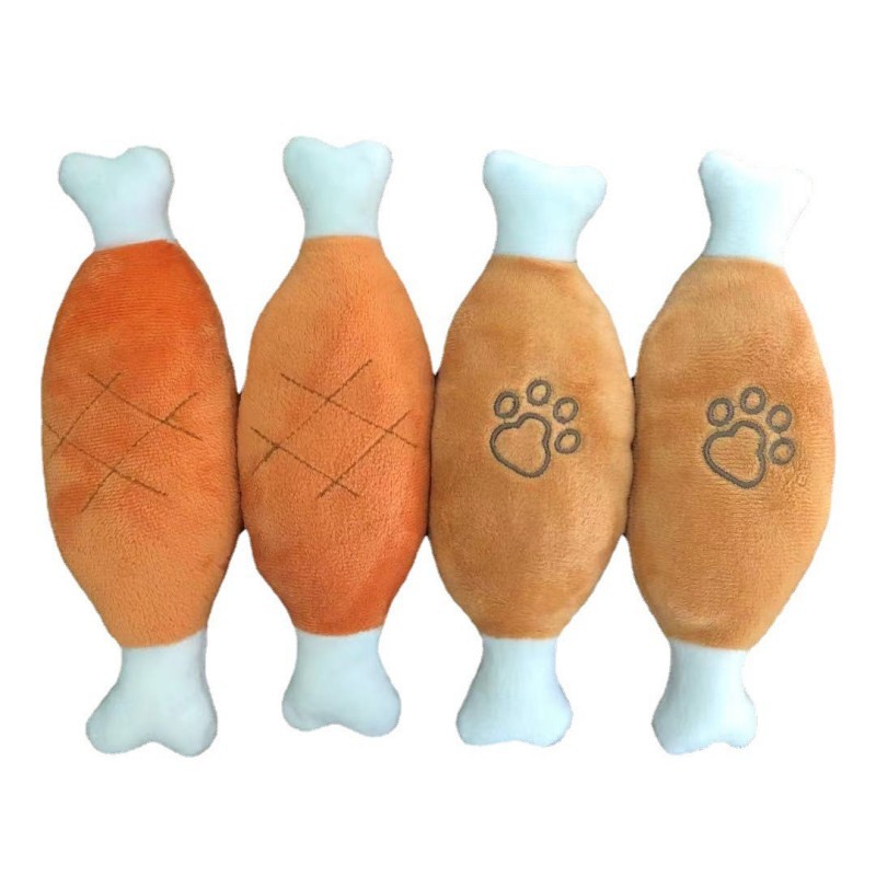 犬のおもちゃ ふわふわチキンレッグ肉付き骨型ぬいぐるみ
