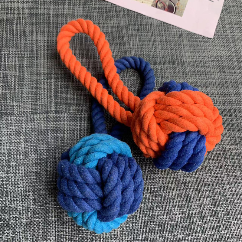 犬のおもちゃ 編み込み結び玉付き持ち手ロープ玩具