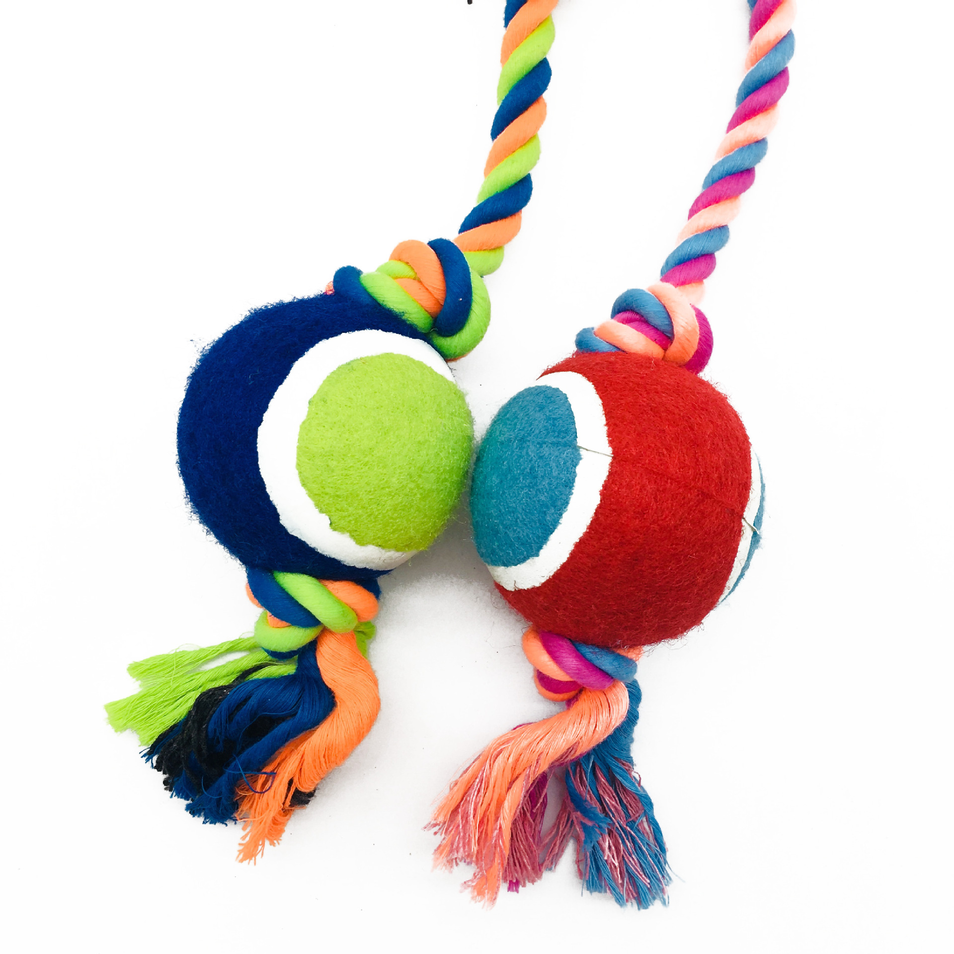 犬のおもちゃ テニスボール付き三重結びロープ