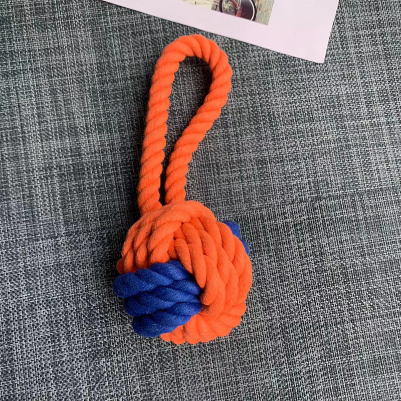 犬のおもちゃ 編み込み結び玉付き持ち手ロープ玩具