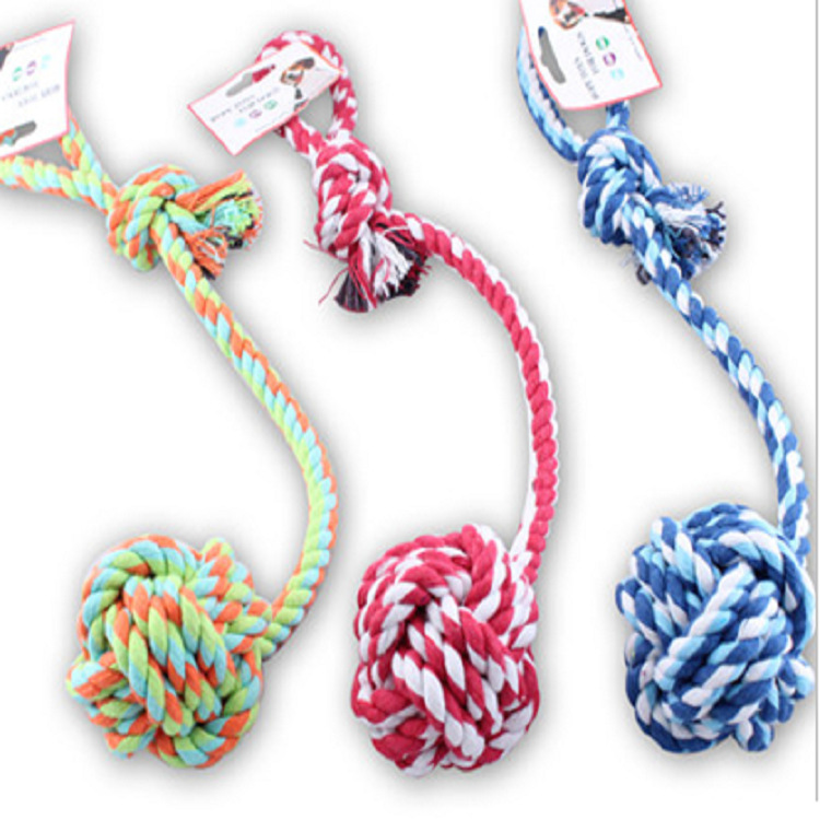 犬のおもちゃ 丸結び玉付き編み込みロープ投げ遊び玩具