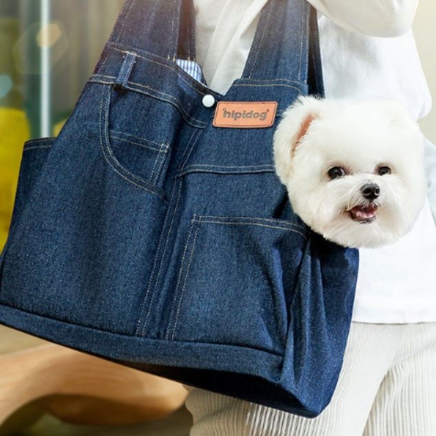 犬バッグ デニム風ストライプ内布付き小型犬用キャリーバッグ