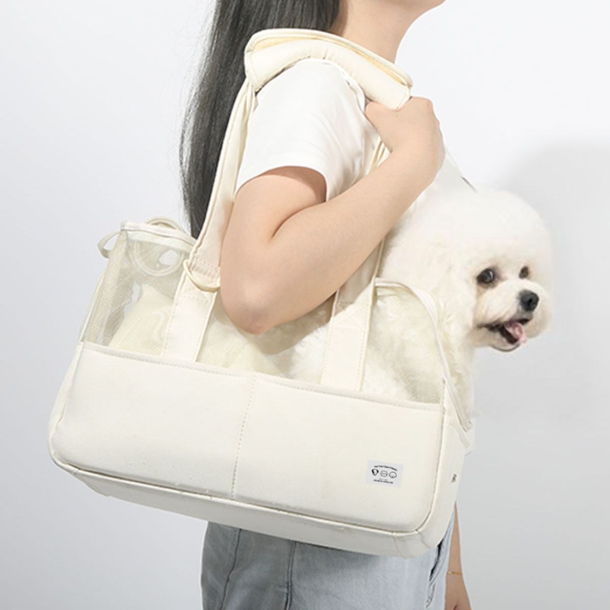 犬バッグ 硬質底板付き透明窓メッシュキャリートート