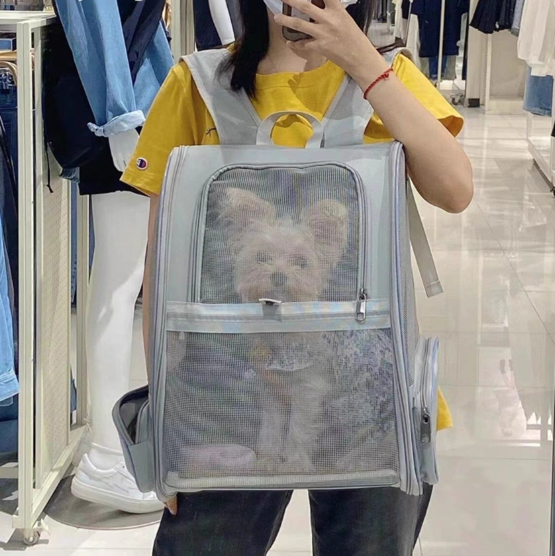 犬バッグ メッシュ窓付き小型犬用背負いキャリーバッグ