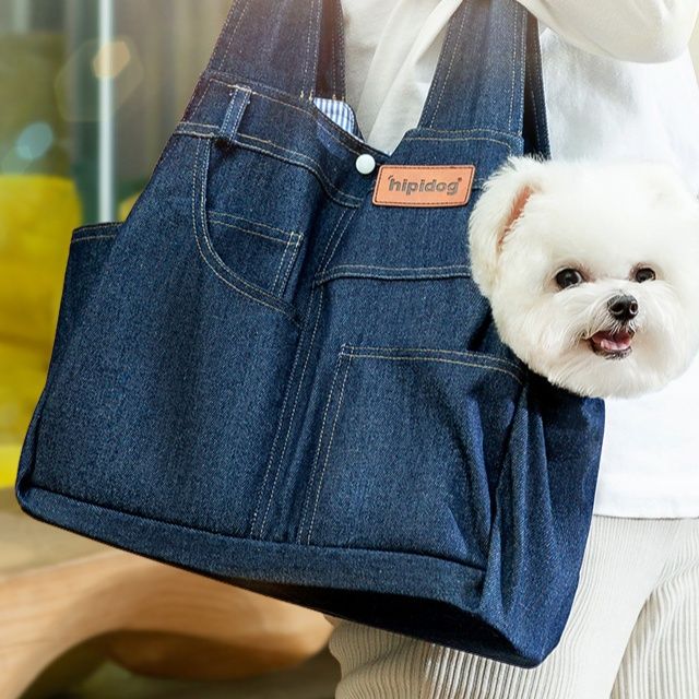 犬バッグ デニム風ポケット付き小型犬用お出かけトート