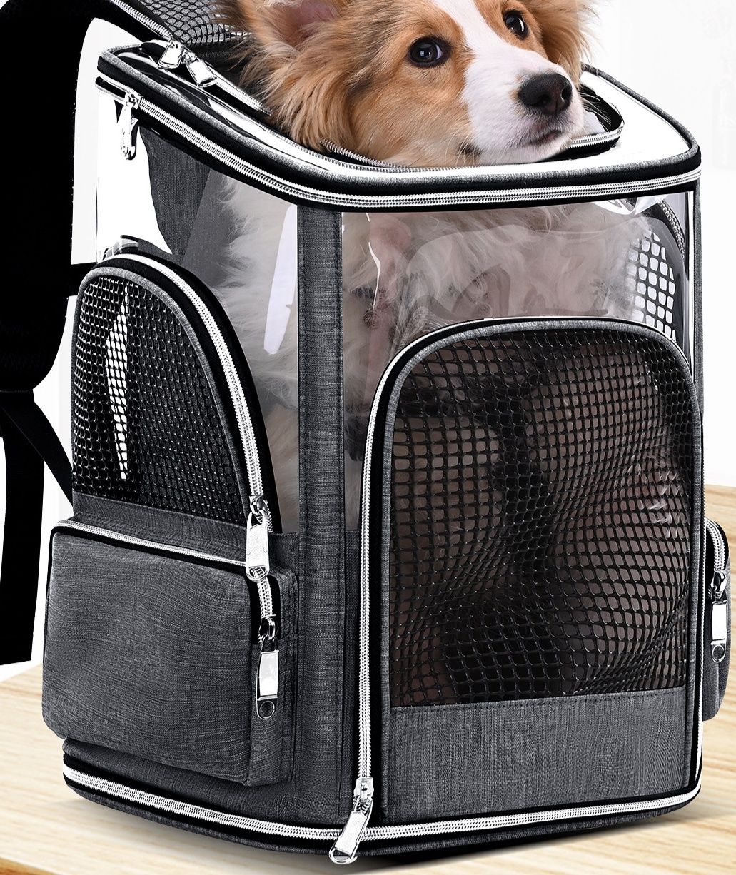 犬バッグ 大容量メッシュ窓付き透明拡張式ペット用リュック