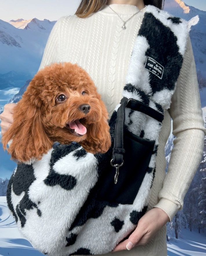 犬バッグ ふわふわ牛柄ペット用スリングバッグ
