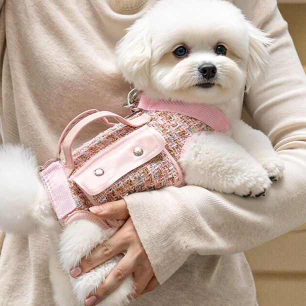 犬バッグ ツイード調おしゃれな犬用ハーネス一体型バッグ