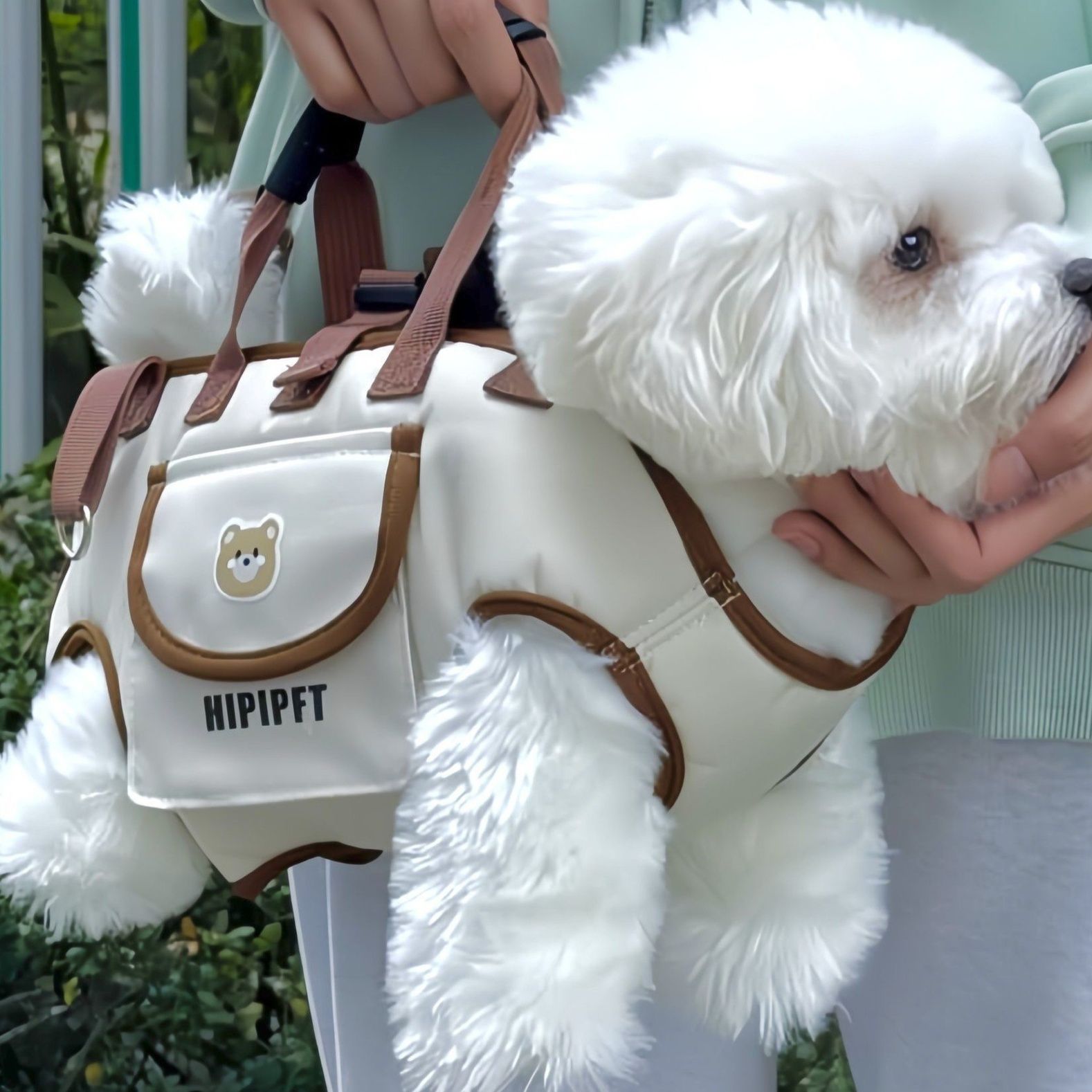犬バッグ くまワッペン付き小型犬用横抱きキャリーバッグ