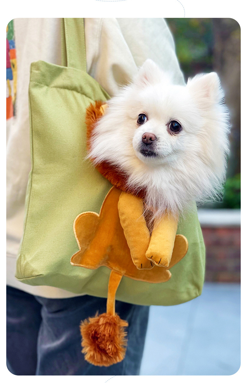 犬バッグ 立体ライオン刺繍付きふわふわたてがみ犬用トートバッグ