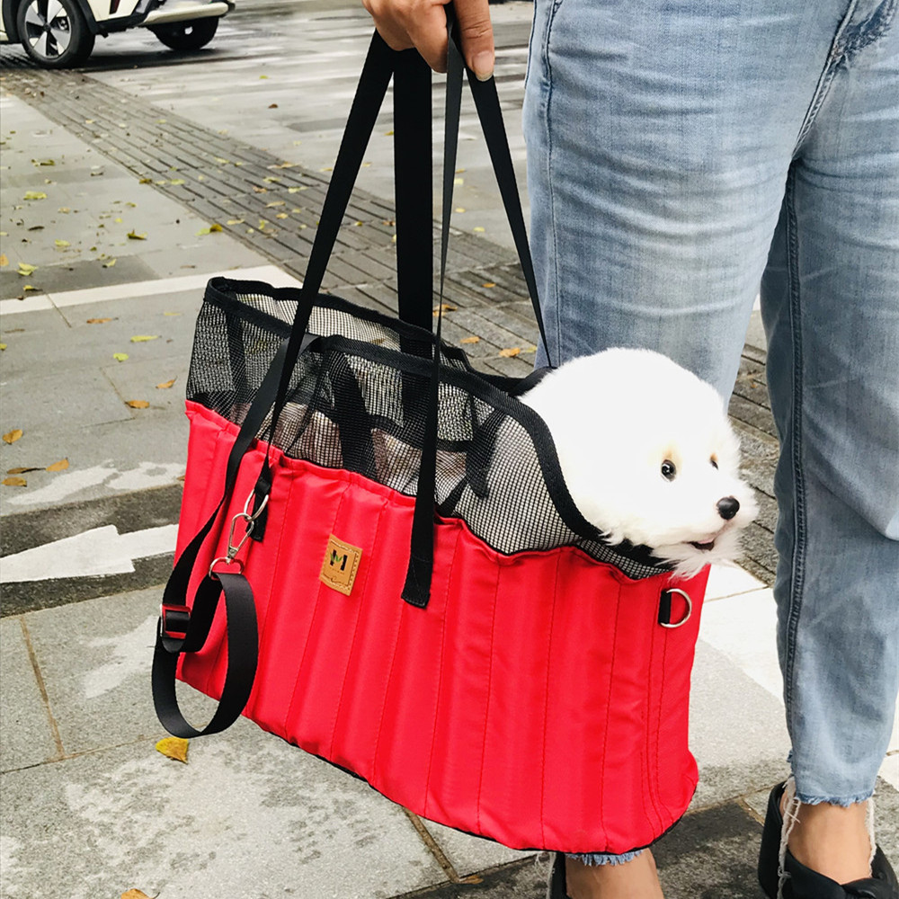 犬バッグ 通気性抜群メッシュ窓付きプリーツ加工犬用持ち運びバッグ