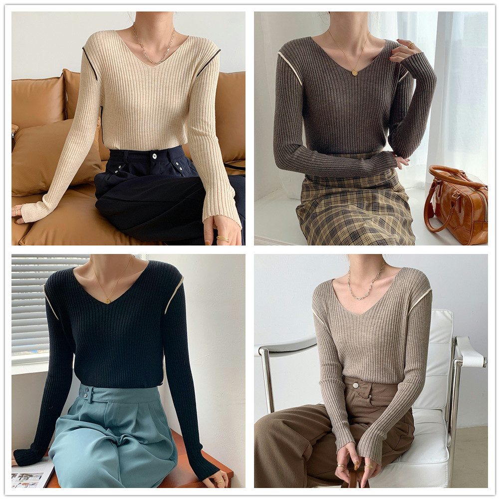 50代ファッション 上品なブイネック長袖リブニットセーター