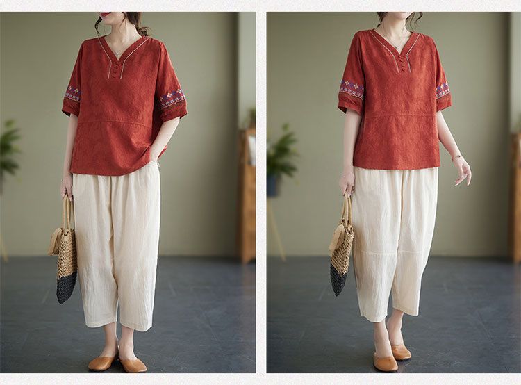 50代ファッション 刺繍入り麻混ブラウスとワイドパンツセット