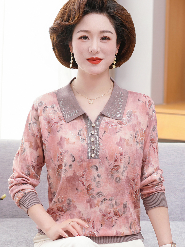 50代ファッション 華やか葉模様襟付きプルオーバー