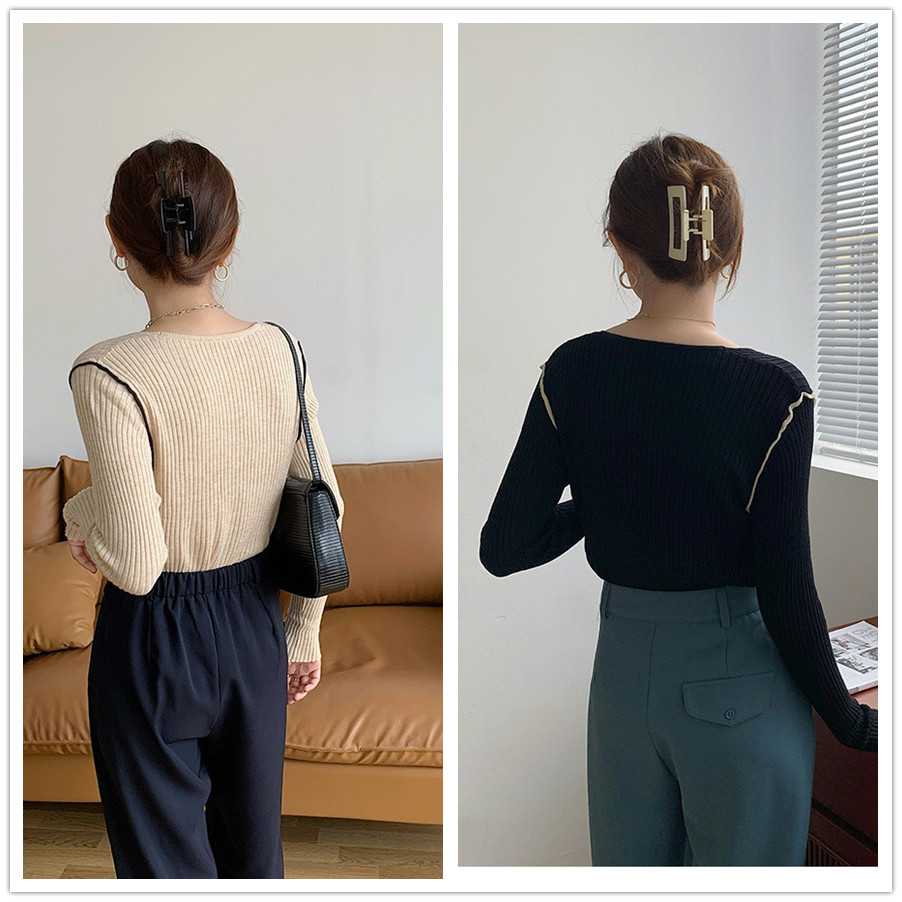 50代ファッション 上品なブイネック長袖リブニットセーター