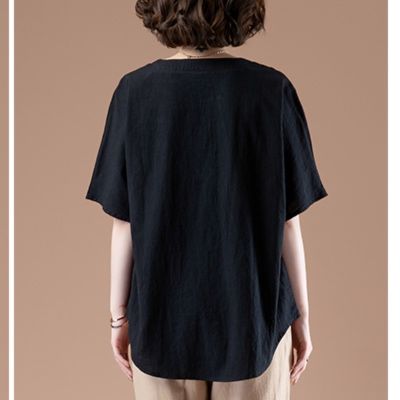 50代ファッション ゆったりノーカラーポケット付きカットソー