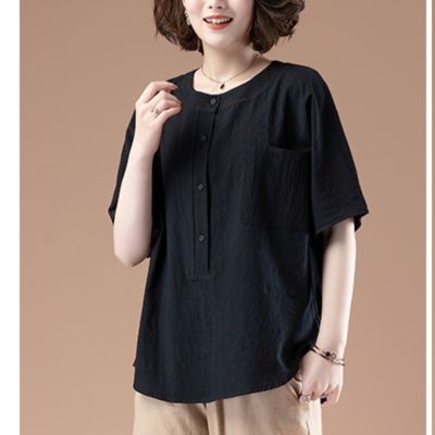 50代ファッション ゆったりノーカラーポケット付きカットソー