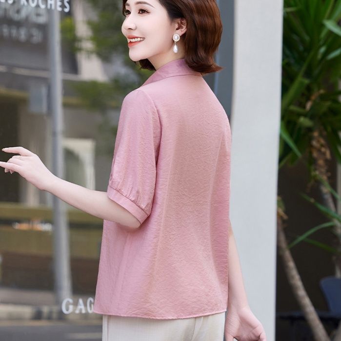 50代ファッション 刺繍レース襟付き七分袖ブラウス