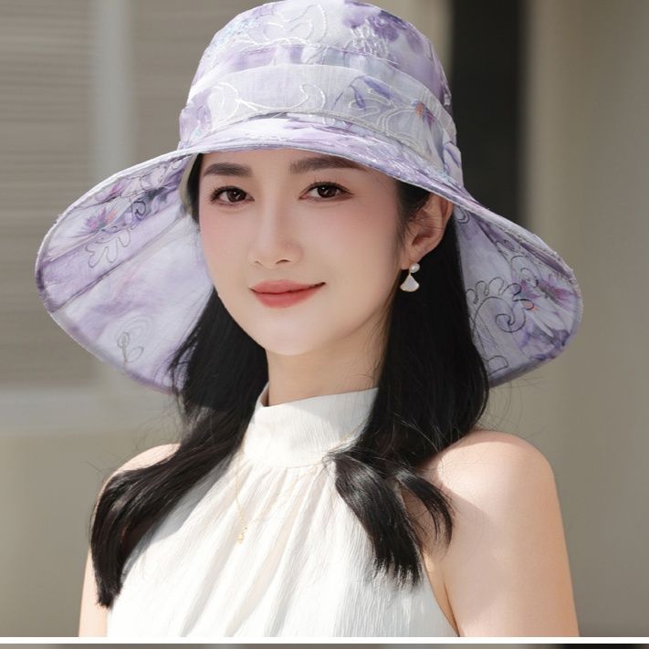 50代ファッション 花柄透かし模様エレガントつば広帽子