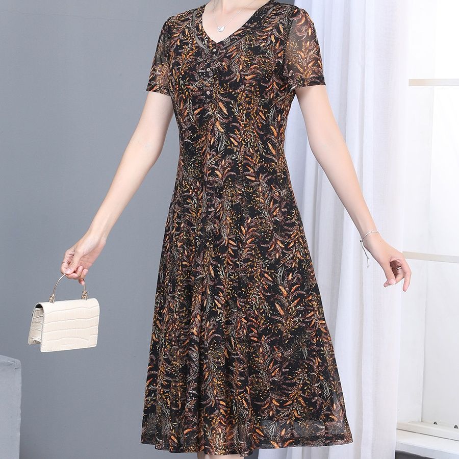 50代ファッション 花柄プリント半袖上品膝丈ワンピース