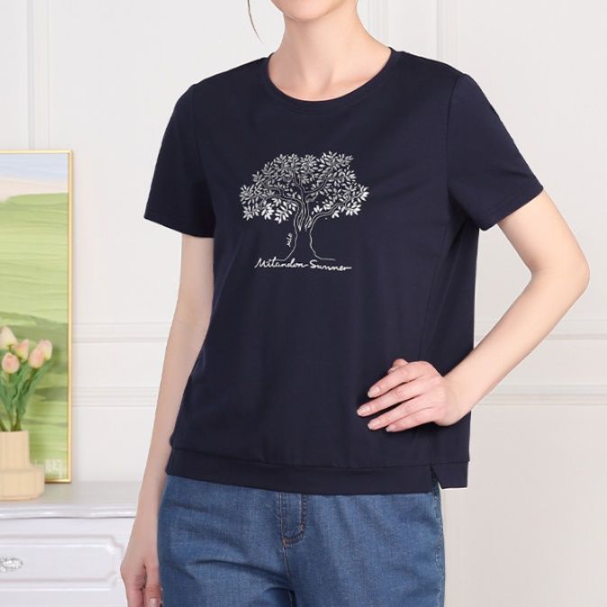 50代ファッション 大人の木柄プリント半袖トップス
