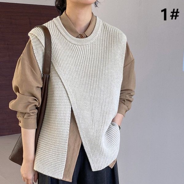 50代ファッション 秋冬新作アシンメトリーニットベスト体型カバー