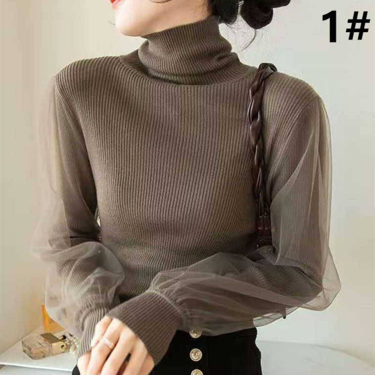 50代ファッション 秋冬新作タートルネックニット チュール袖リブ編み長袖