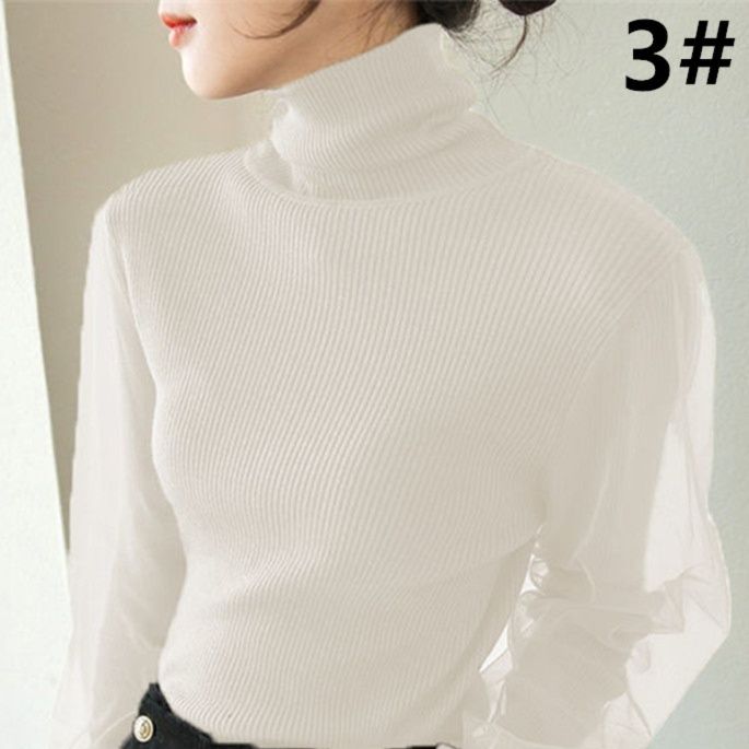 50代ファッション 秋冬新作タートルネックニット チュール袖リブ編み長袖