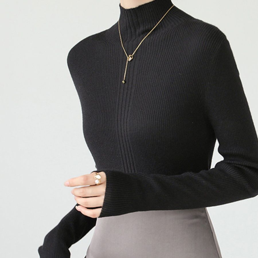 50代ファッション プチハイネックリブニットトップス上品きれいめ