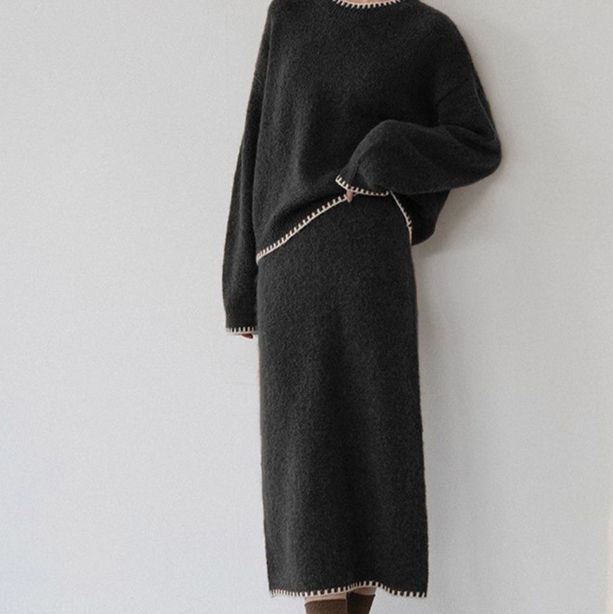 50代ファッション 配色ステッチニットセットアップ上下セット