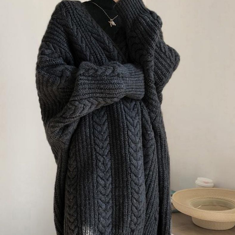 50代ファッション ケーブル編みロング丈カーディガン レディース