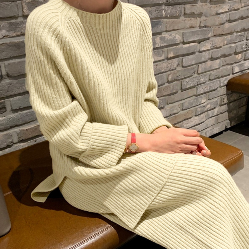 50代ファッション 秋冬リブニットセットアップ レディース 長袖