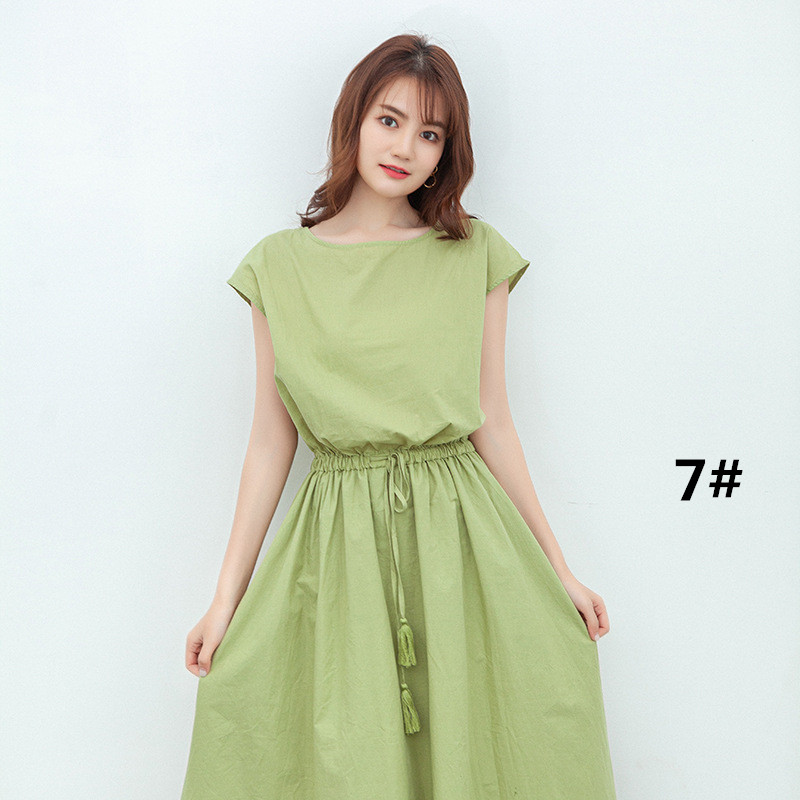 50代ファッション 夏新作半袖ワンピース上品な麻素材ロング丈選べる4色
