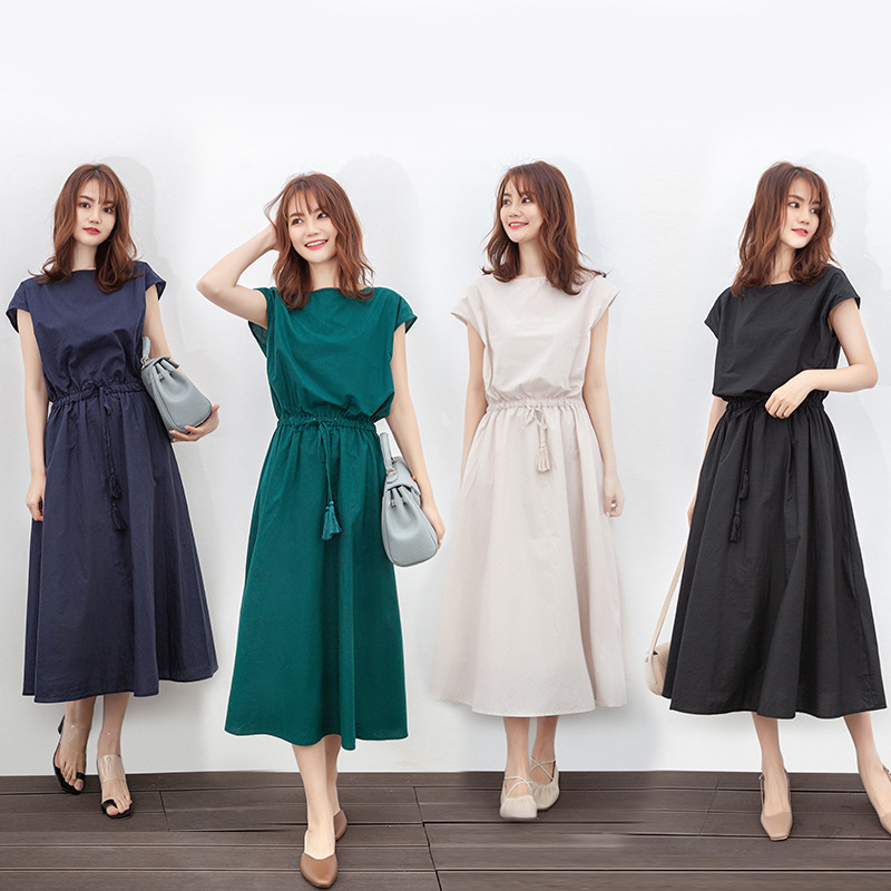 50代ファッション 夏新作半袖ワンピース上品な麻素材ロング丈選べる4色