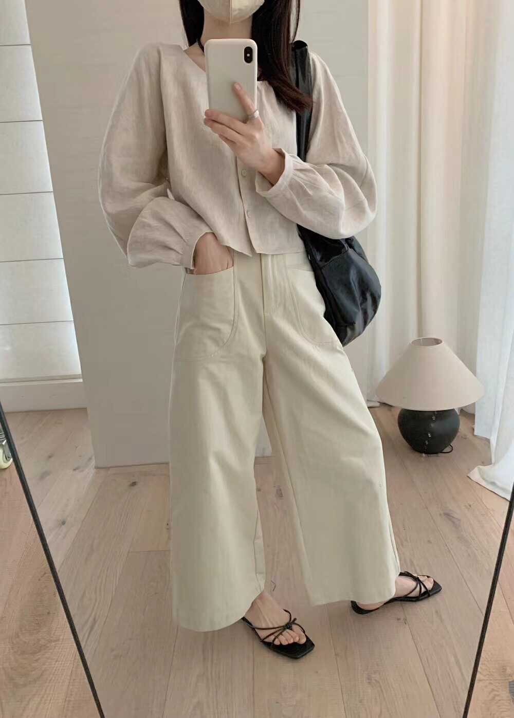50代ファッション 優雅な麻混ワイドパンツ