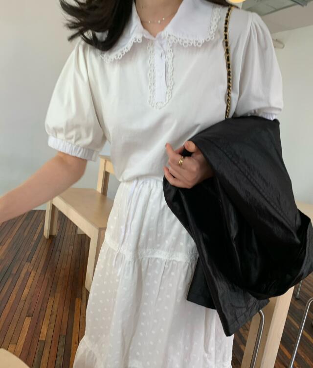 50代ファッション 2026新作 婦人服 レース襟付き半袖ブラウス 白色