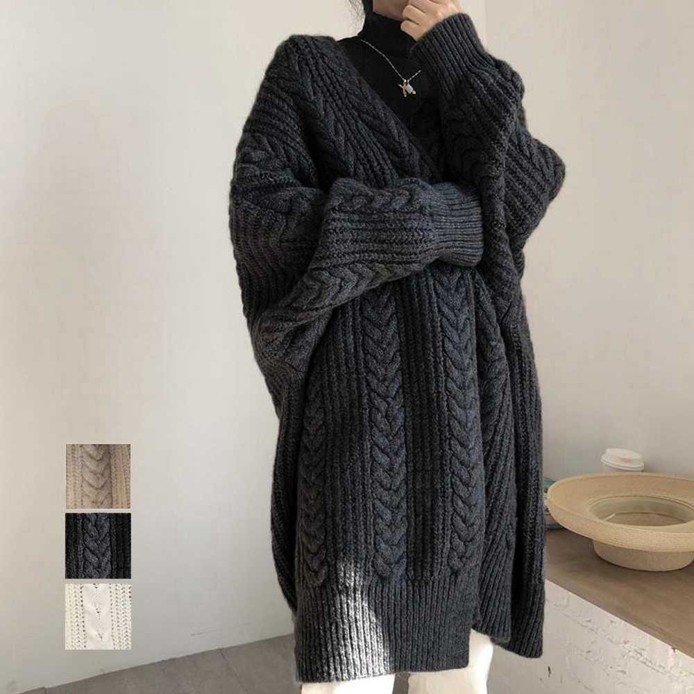 50代ファッション ケーブル編みロング丈カーディガン レディース