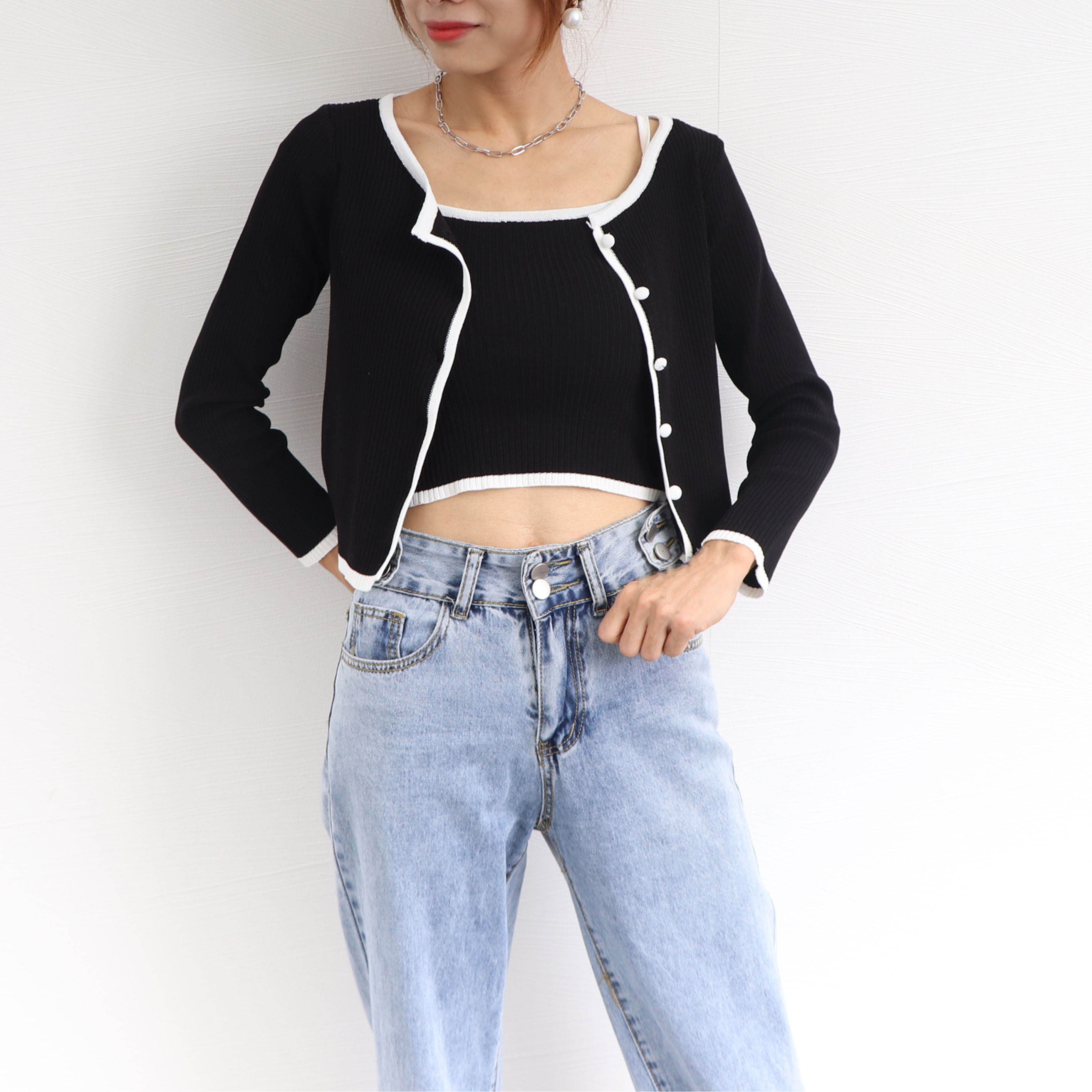 50代ファッション 配色リブニットカーディガンキャミソール2点セット