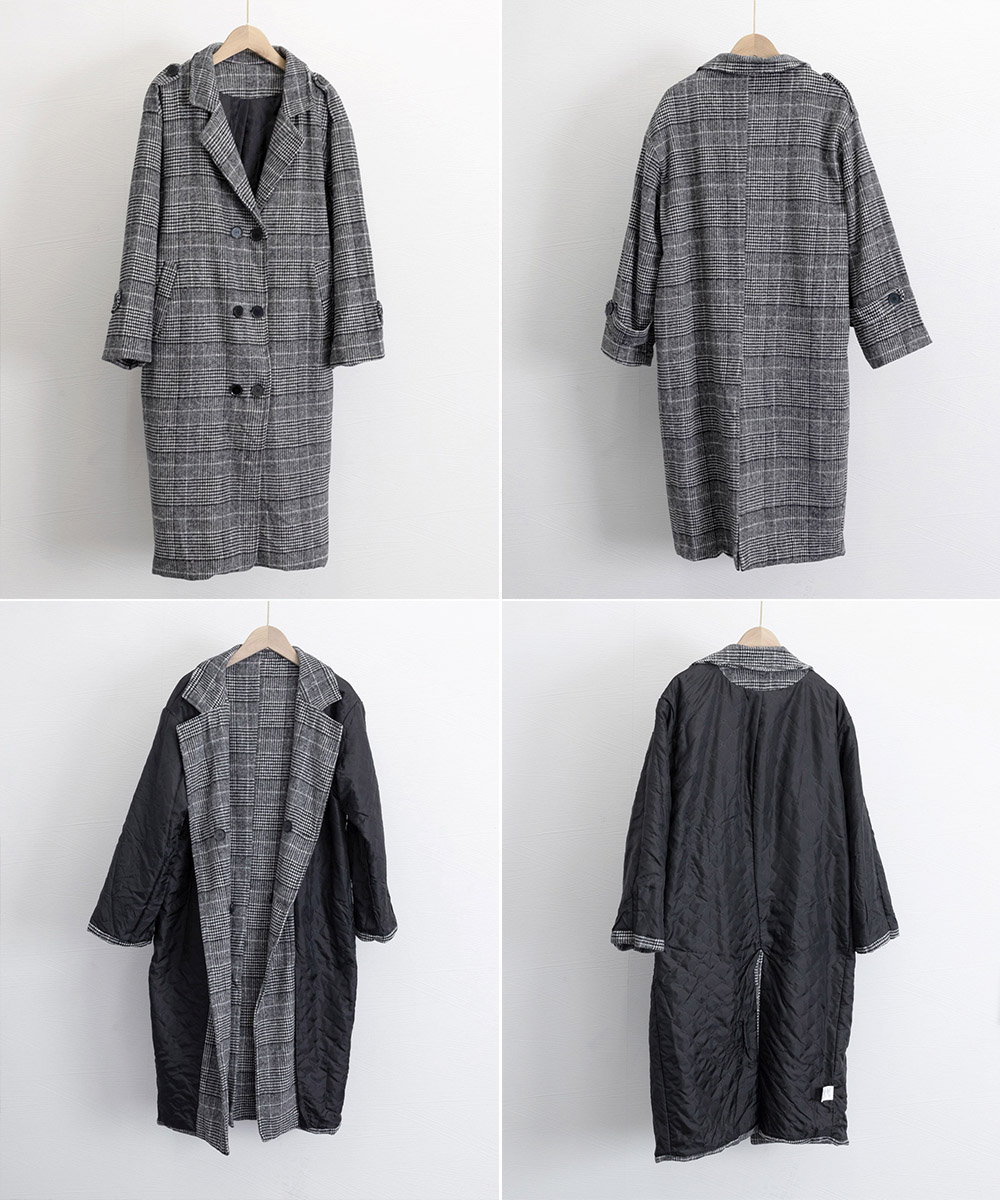 50代ファッション 中綿入りグレンチェックロングコート