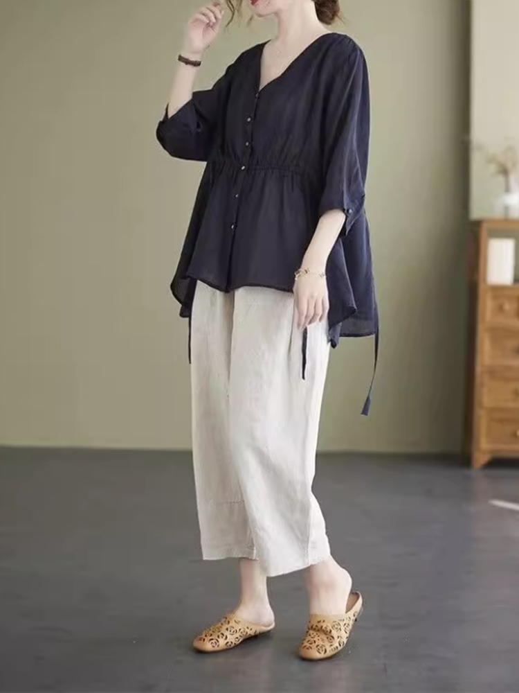50代ファッション リネン風ワイドクロップドパンツ