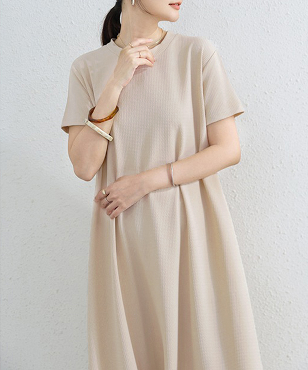 50代ファッション 体型カバー半袖ロングワンピース夏